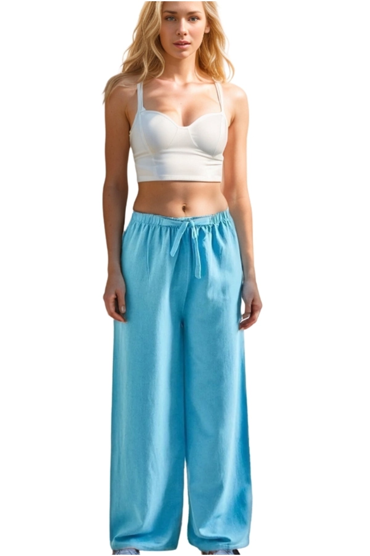 Lucy Women's Linen Blend Wide Leg Palazzo Pants - Turquoise