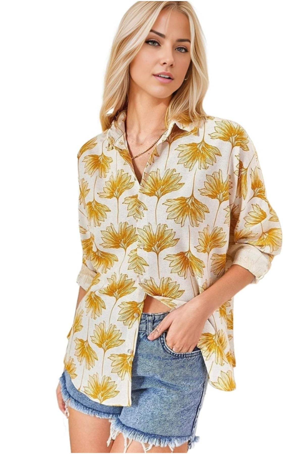 Emilia Women's Linen-Viscose Blend Oversized Printed Shirt - Yellow Ginkgo