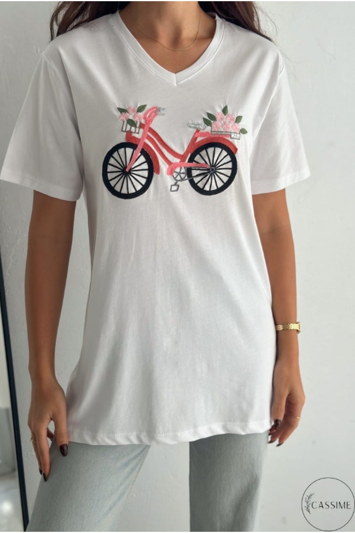 Nora Women's Cotton Plus Size Graphic T-Shirt - White Bicycle Print