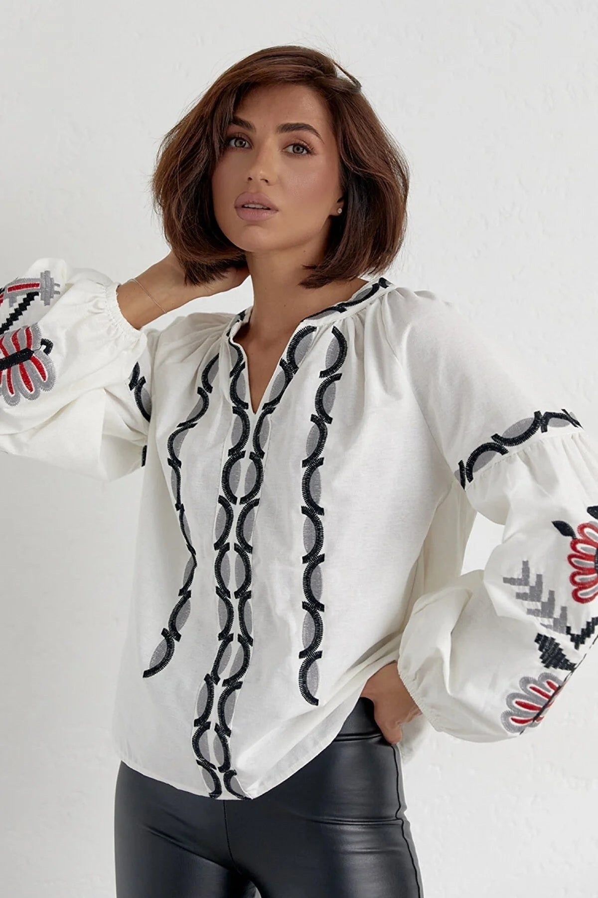 Rosa Women's Cotton Embroidered Long Sleeve Tie Blouse - Ecru