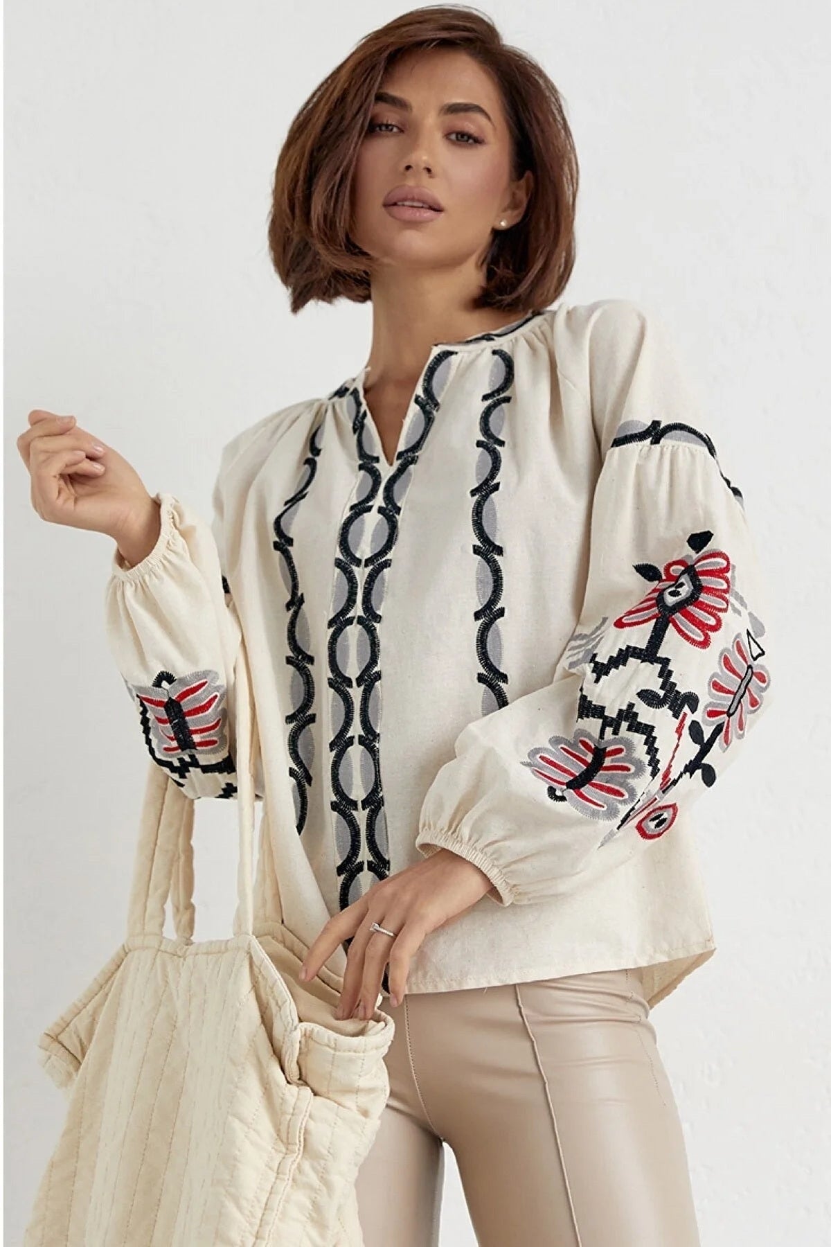Rosa Women's Cotton Embroidered Long Sleeve Tie Blouse - Cream