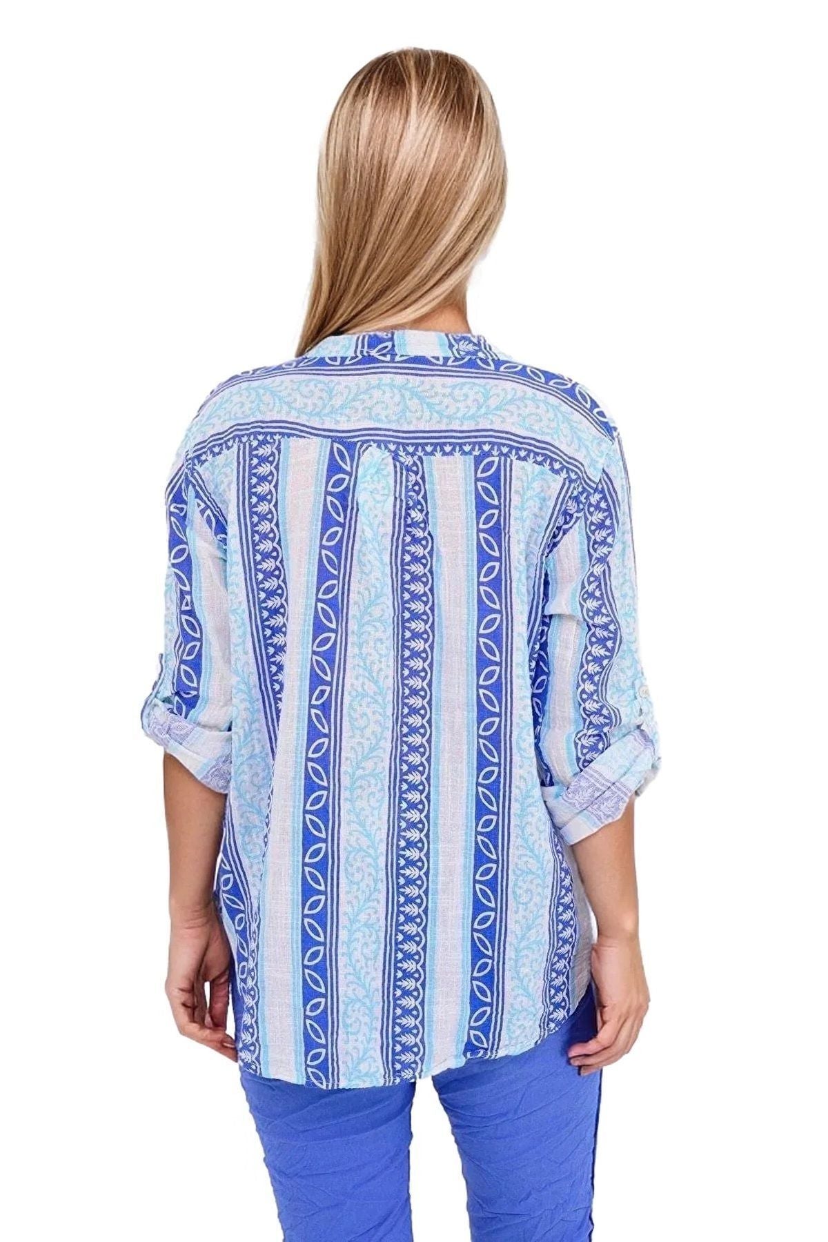 Elsie Women's Cotton-Linen Blend Boho Print Button-Up Shirt - Blue