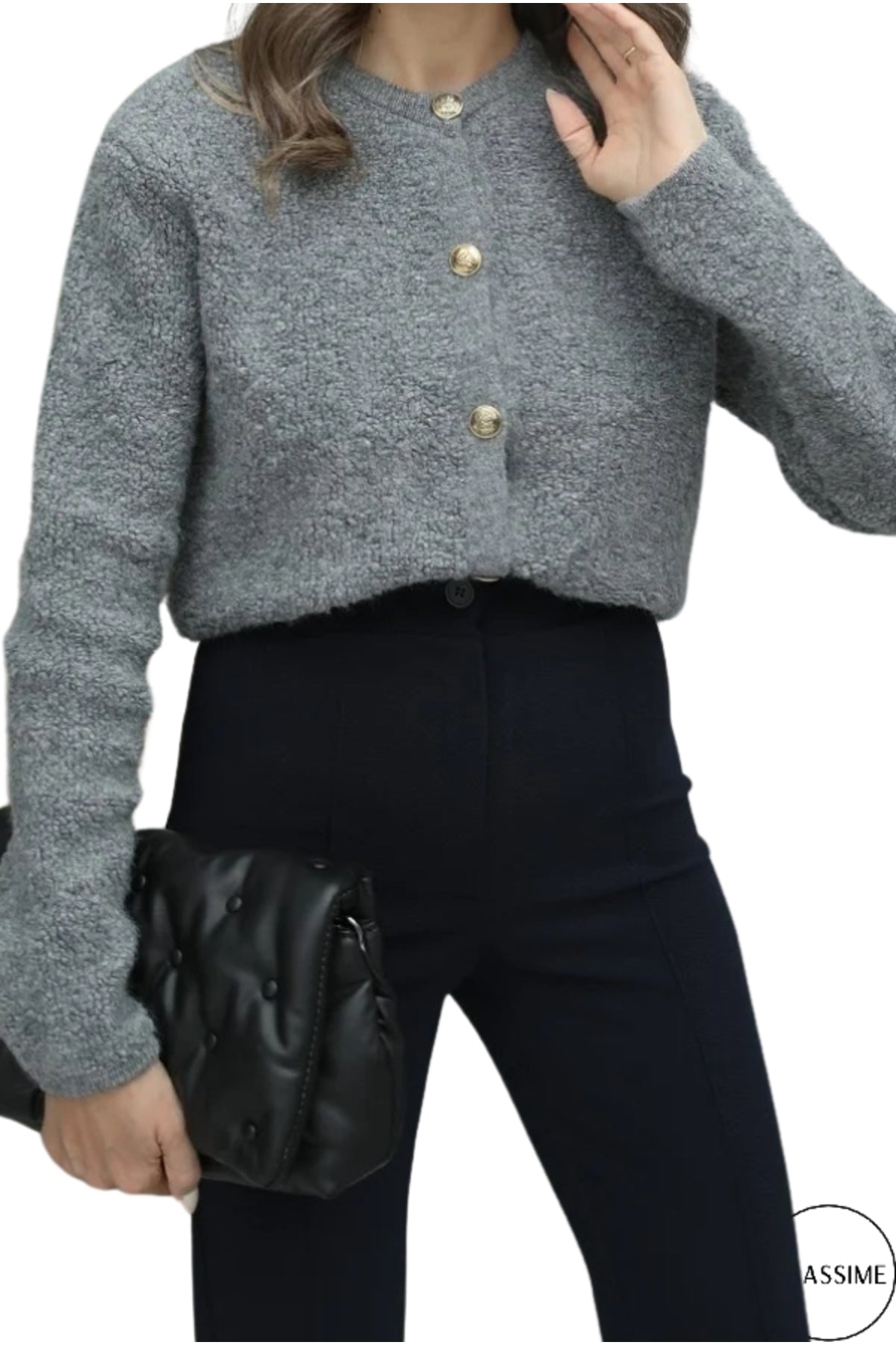Kayla Women's Gold-Tone Button Teddy Cardigan - Gray