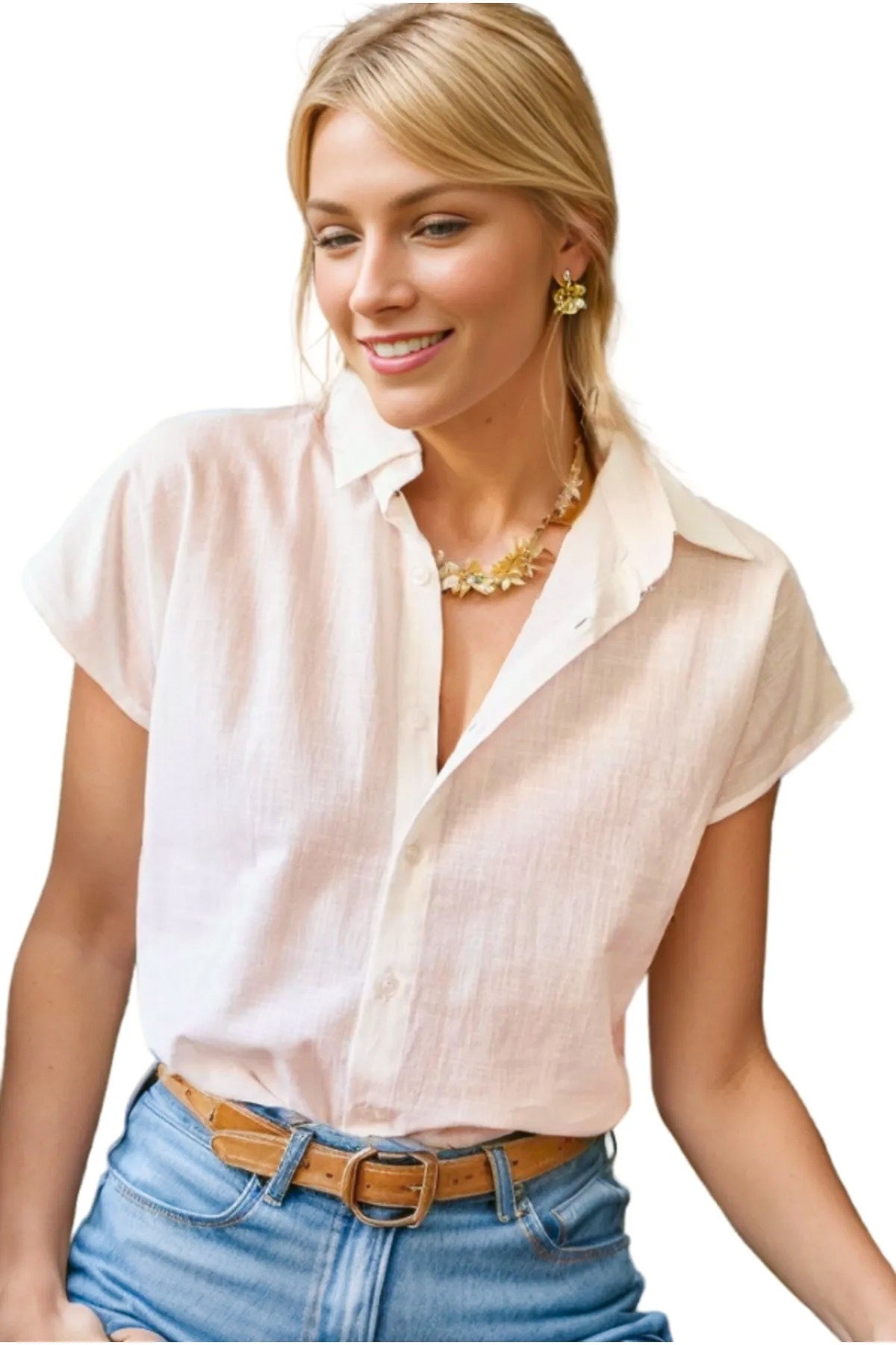 Elizabeth Women's Linen-Viscose Blend Short Sleeve Batwing Shirt - Off-White