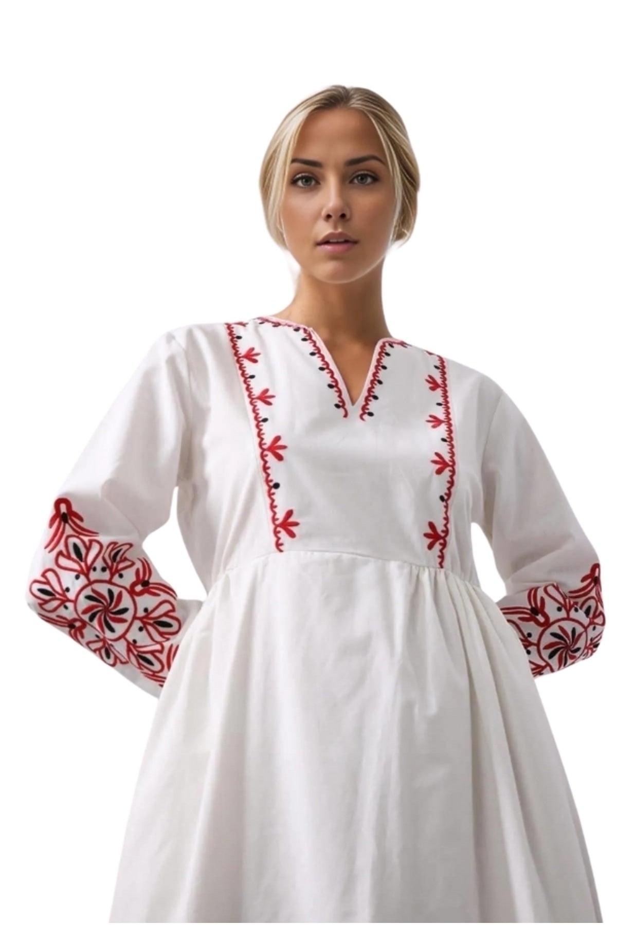 Maria Women's Linen Embroidered Boho Split-Neck Dress - White with Red Embroidery