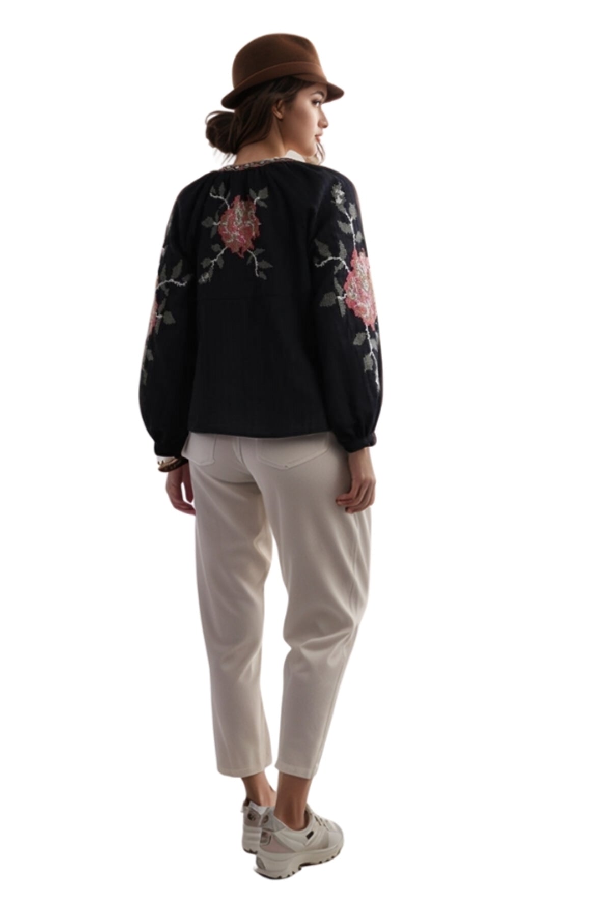 Lilian Women's Cotton-Linen Blend Rose Embroidered Tie Blouse - Black