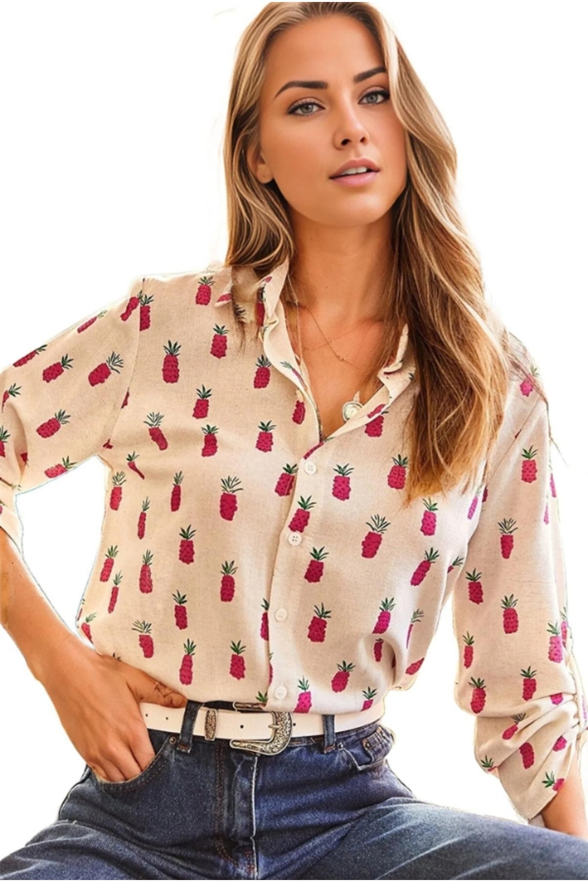 Gabrielle Women's Linen Blend Pineapple Print Roll-Sleeve Shirt - Fuchsia Pineapple