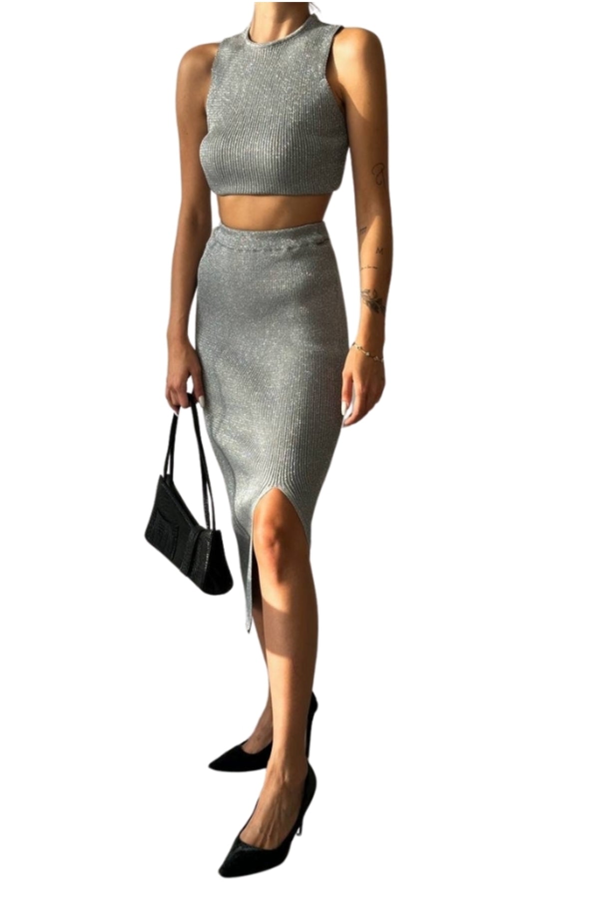 Willa Women's Ribbed Knit Crop Top and Skirt Set - Gray