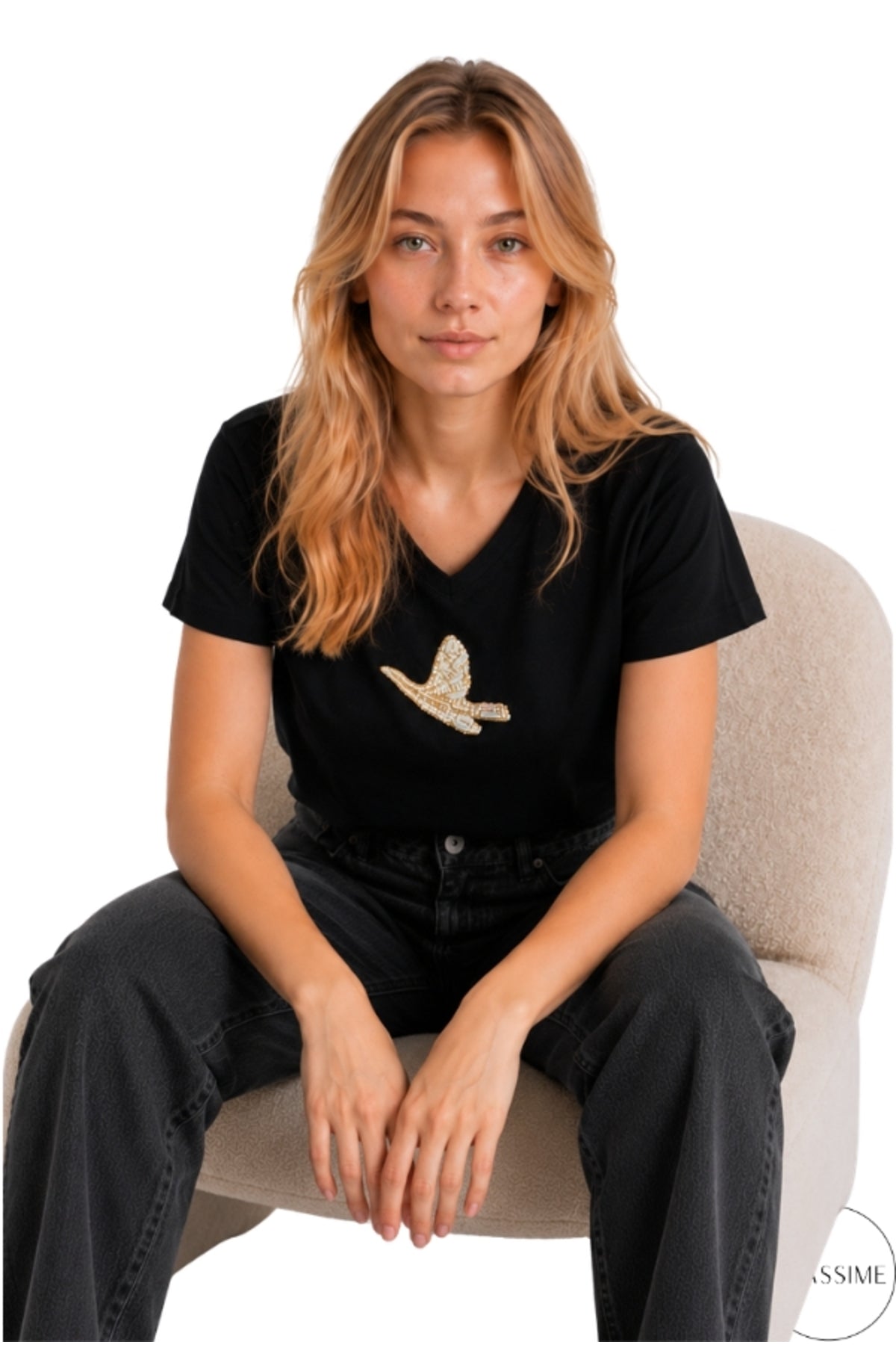 Emma Women's Embellished T-Shirt - Gold Bird and Rhinestone Detail