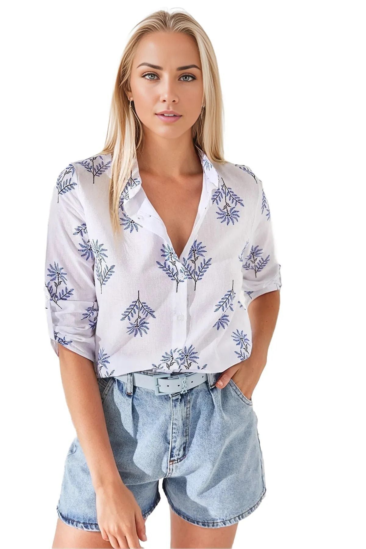 Robyn Women's Cotton Blend Roll-Sleeve Button-Up Shirt - Blue Pinwheel