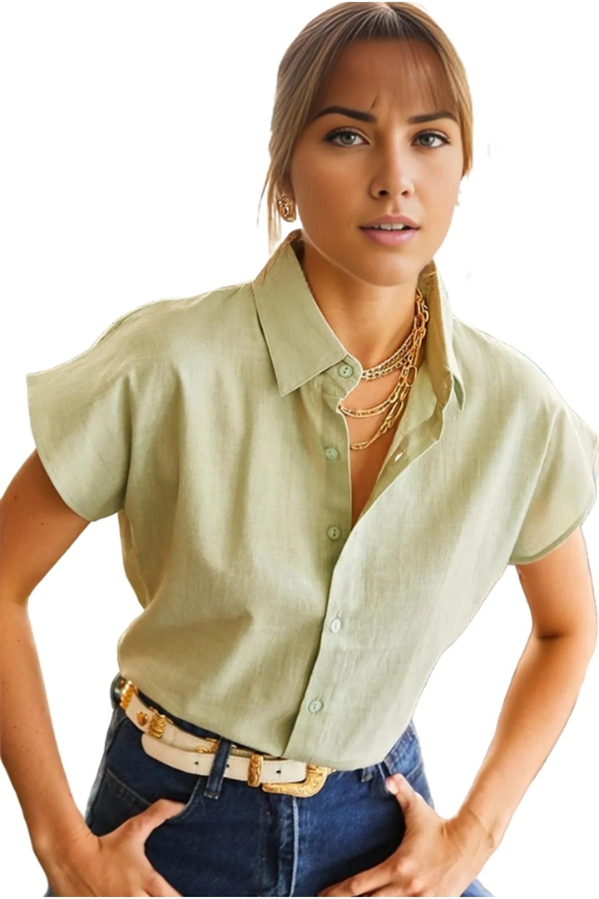 Elizabeth Women's Linen-Viscose Blend Short Sleeve Batwing Shirt - Light Green