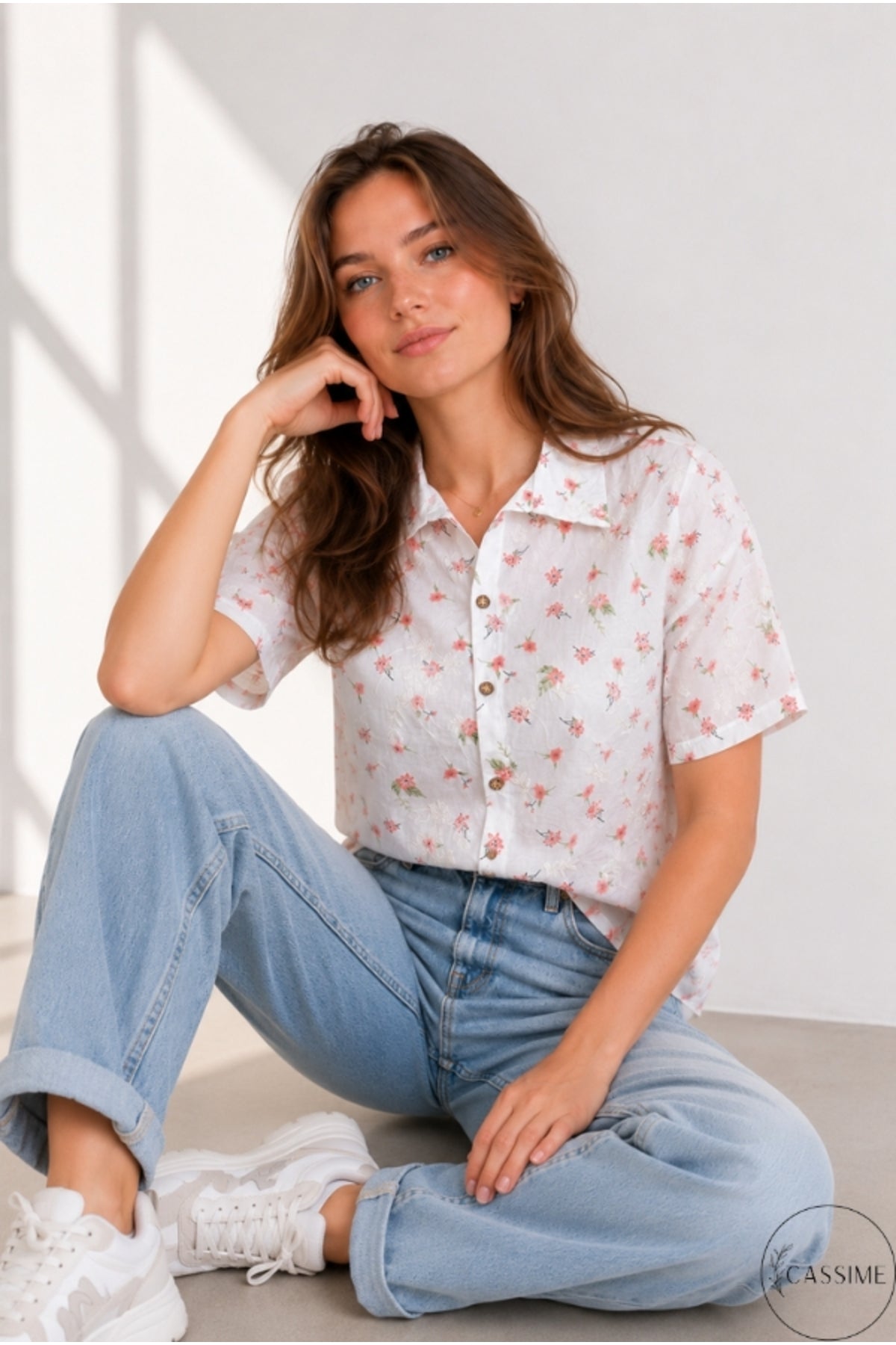 Women's Coral Mini Floral Cotton Short Sleeve Shirt - product photo 3