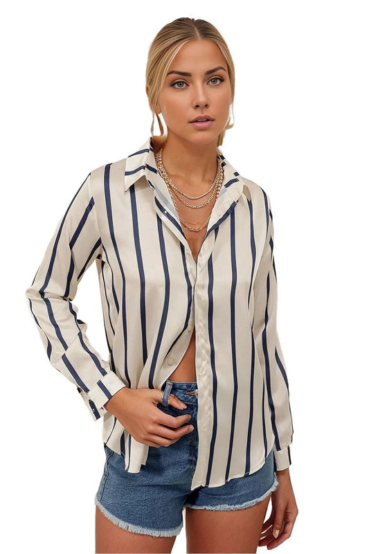 Rebecca Women's Classic Satin Button-Up Shirt - Cream and Navy Striped