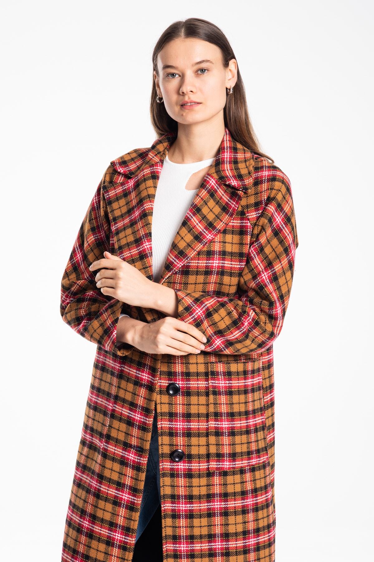 Frieda Women's Plaid Coat - Cognac Black Red - product image 3