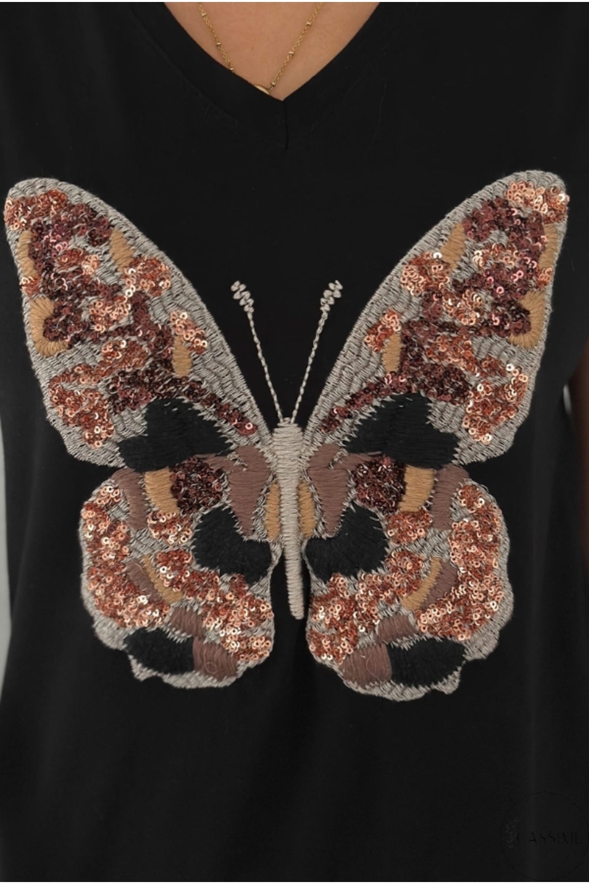 Olivia Women's Cotton Plus Size Embellished V-Neck T-Shirt - Black with Butterfly Embroidery
