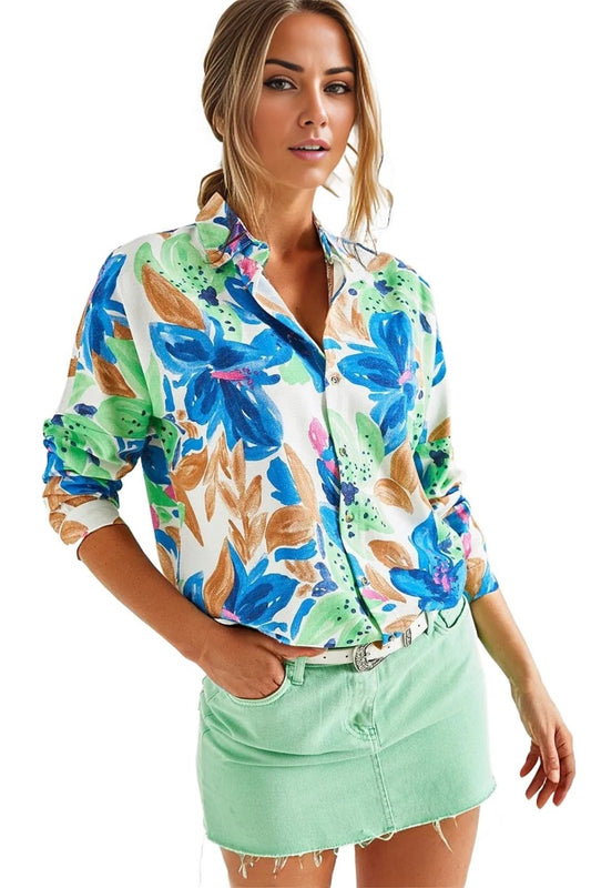 Emilia Women's Linen Blend Oversized Printed Shirt - Blue and Green Bright