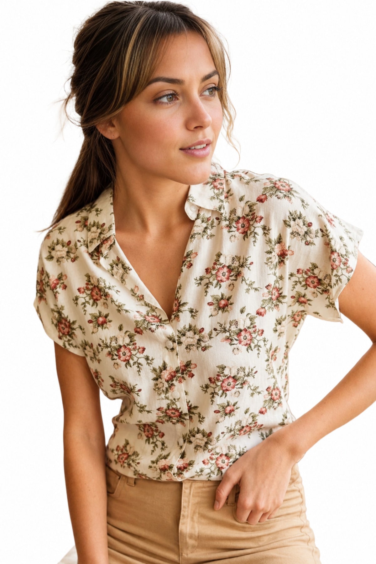 Charlotte Women's Short Sleeve Batwing Shirt - Orange Mini Floral