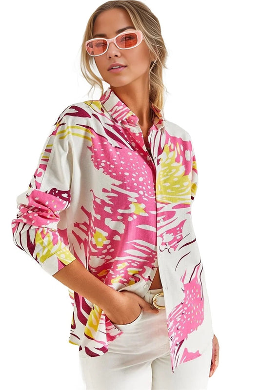 Emilia Women's Linen-Viscose Blend Oversized Printed Shirt - Pink and Yellow Print