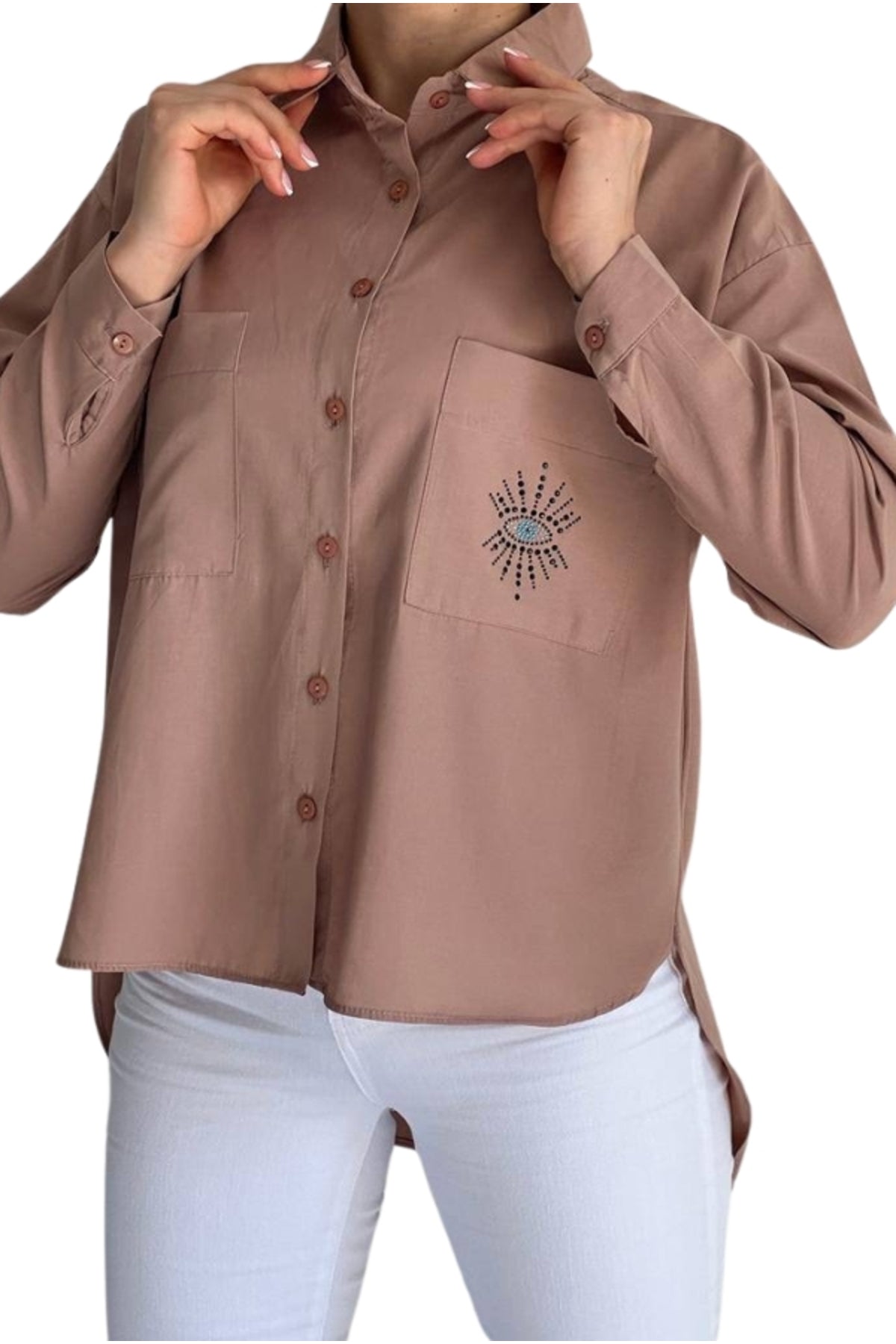 Josephine Women's Cotton Embellished Evil Eye Pocket Shirt - Beige