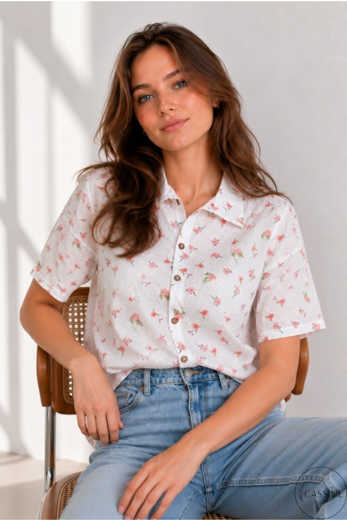 Women's pink mini floral cotton shirt - view 6