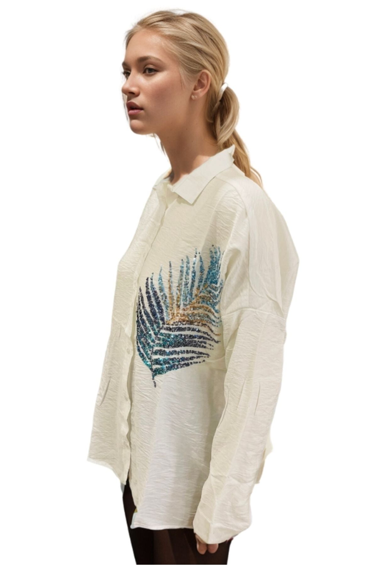Delilah Women's Linen Oversized Embellished Long Sleeve Shirt - Ecru Leaf