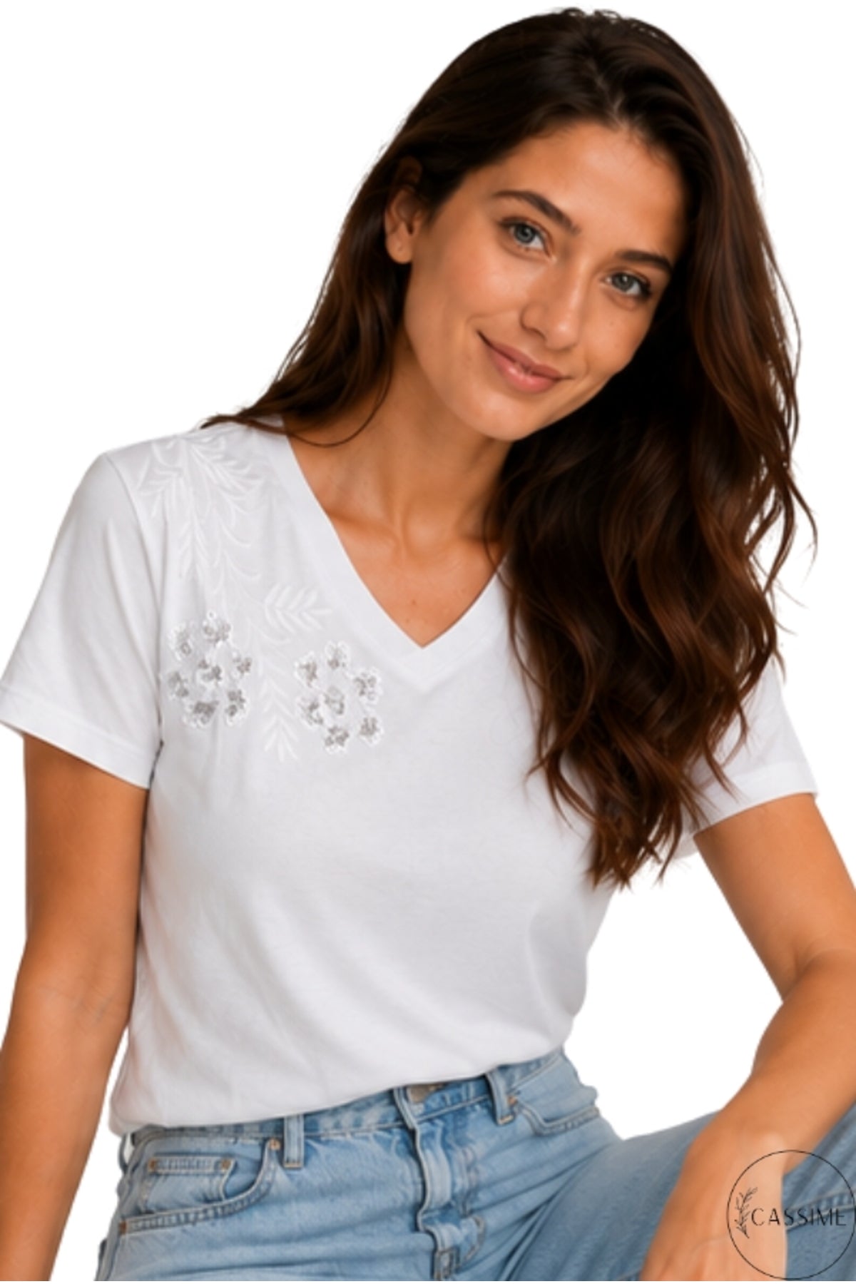 Emma Women's Cotton Embellished T-Shirt - White with Floral Shoulder Sequins