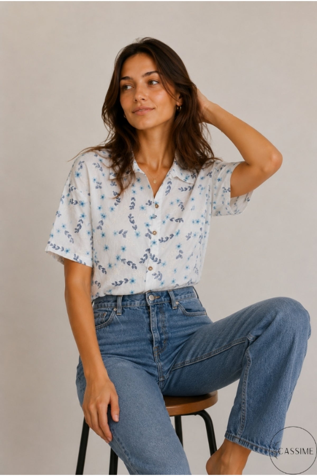 Alice Women's Floral Short Sleeve Shirt - Blue Ditsy Floral Embroidery