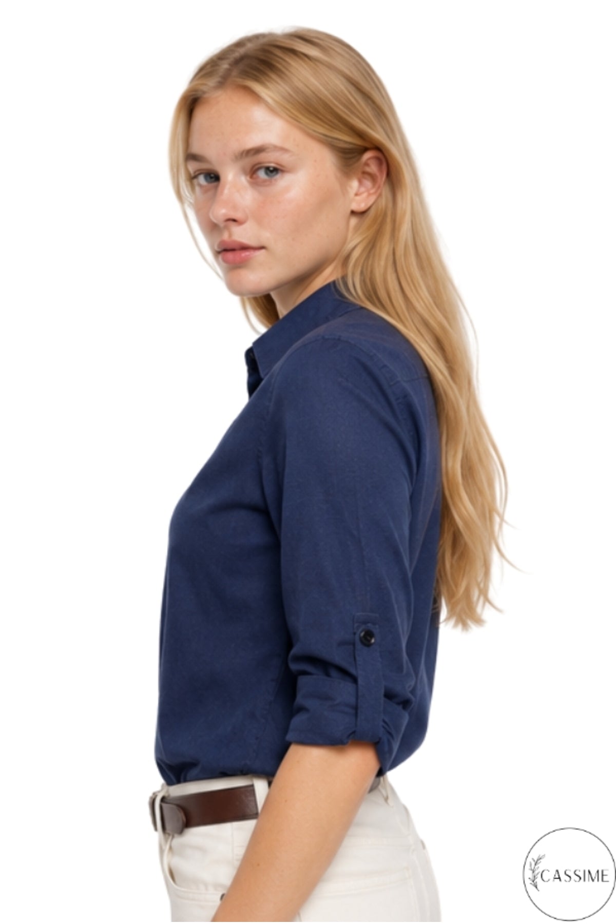 Robyn Women's Linen-Viscose Blend Roll-Sleeve Button-Up Shirt - Navy