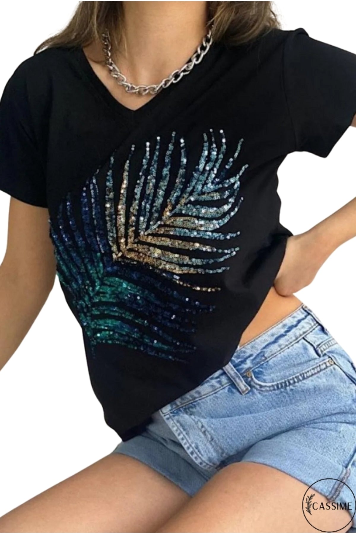 Sophie Women's Cotton Embellished V-Neck T-Shirt - Black Palm Tree Print