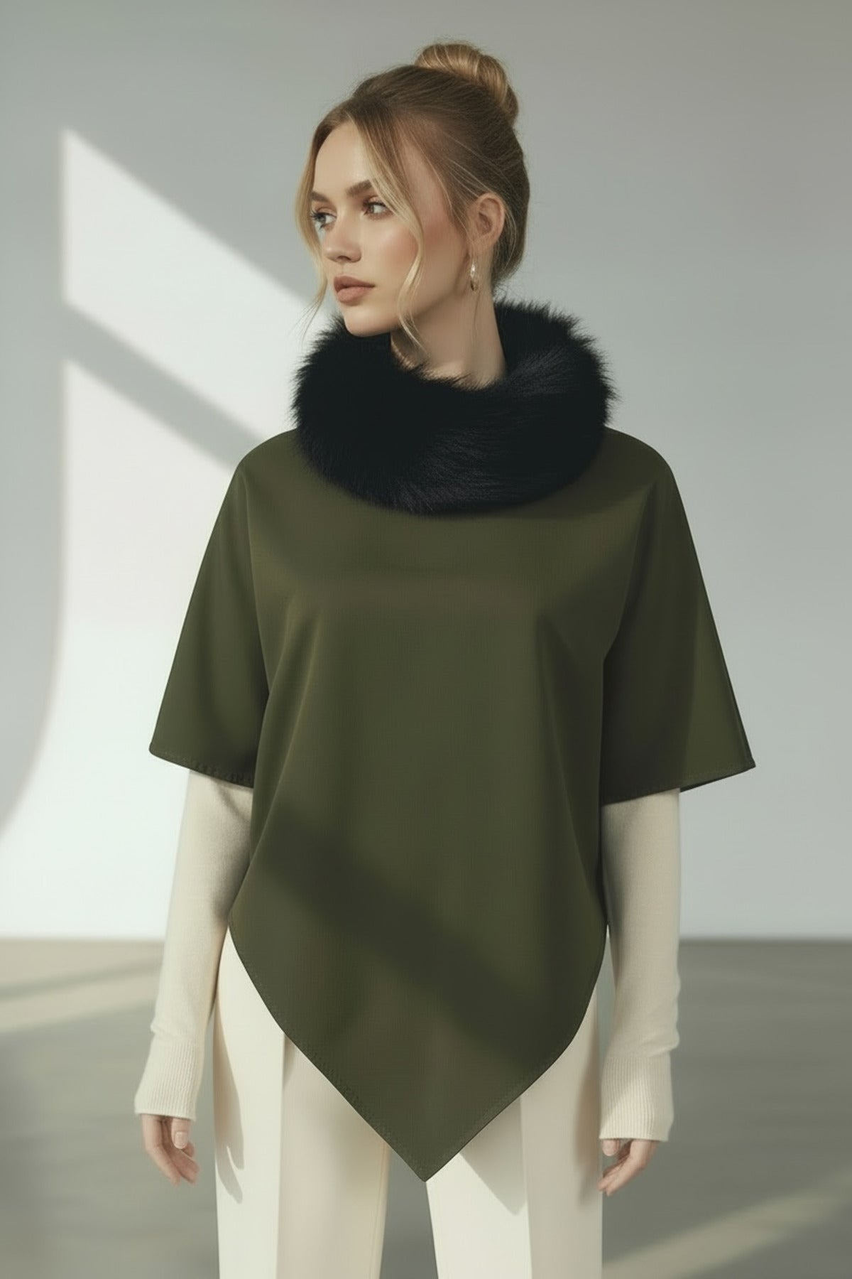 Ana Women's Fur-Trim Poncho - Khaki - product image 2