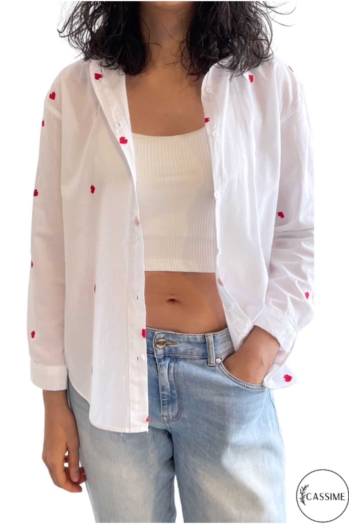 Ella Women's Cotton Embroidered Button-Up Shirt - White with Red Hearts