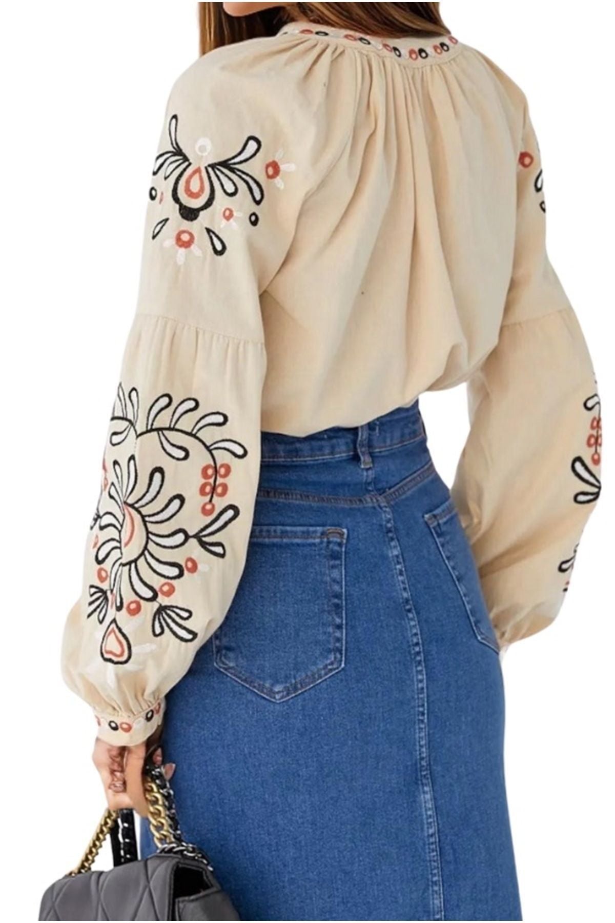 April Women's Embroidered Balloon Sleeve Tassel Blouse - Cream