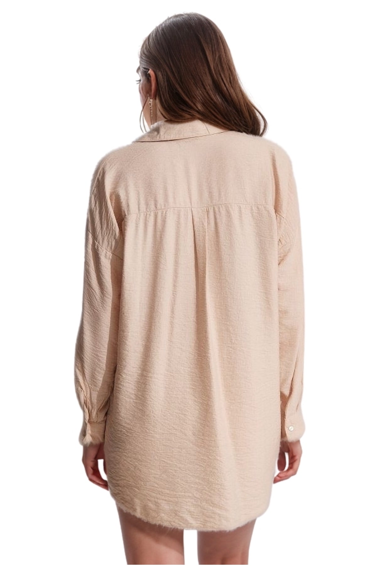 Natasha Women's Embroidered Oversized Shirt - Beige Stripe Print