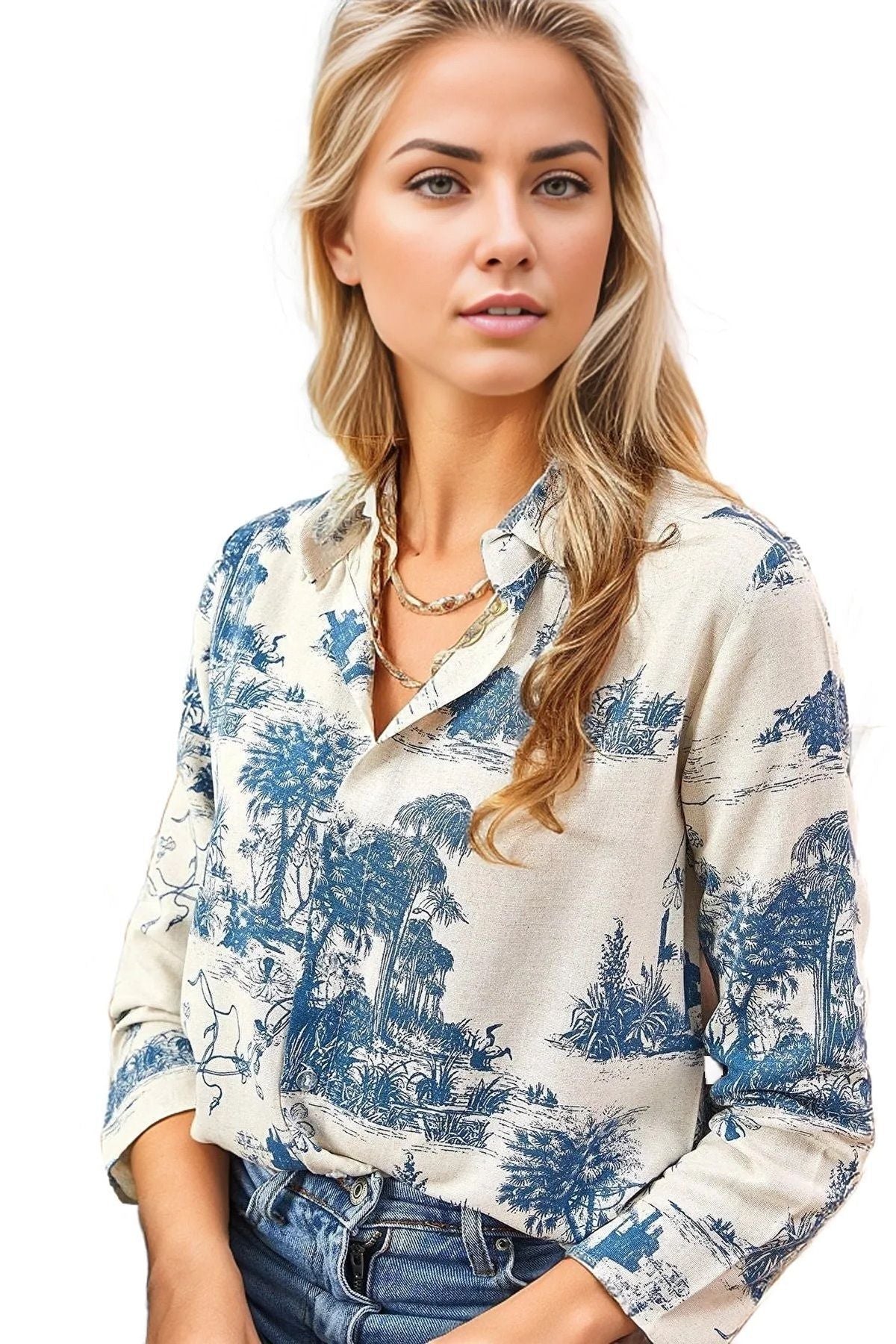 Amelia Women's Viscose Long Sleeve Button-Up Shirt - Blue Forest Print