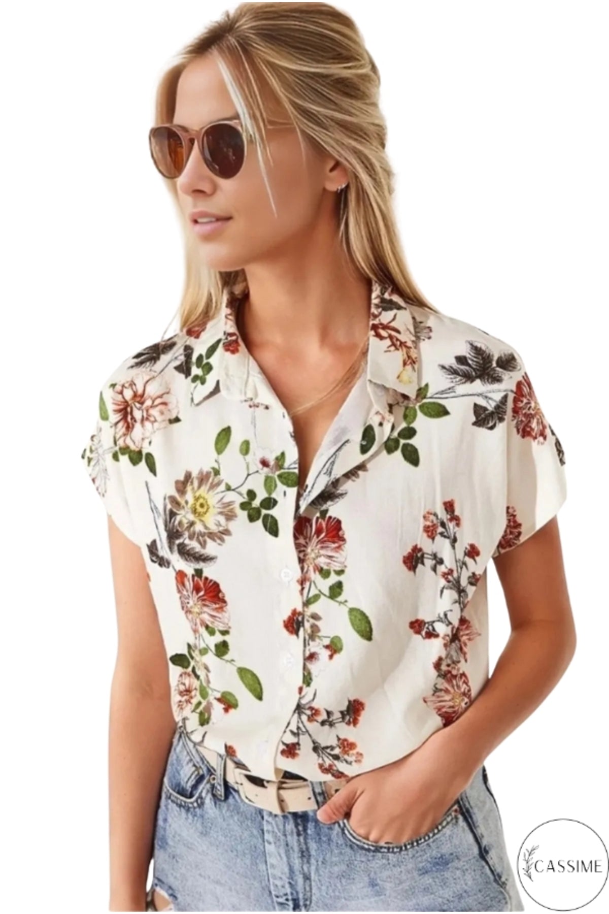 Charlotte Women's Short Sleeve Batwing Shirt - Off-White Floral Print