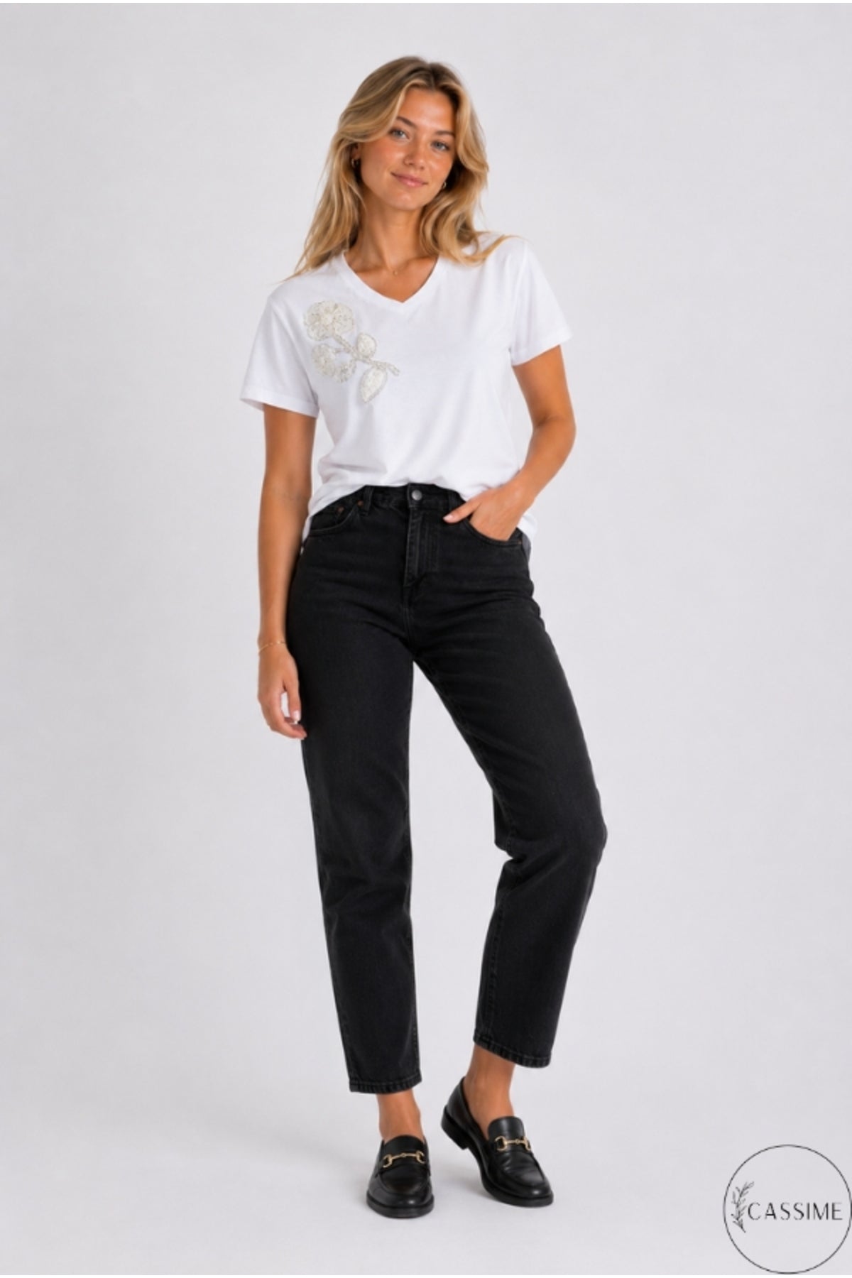 Emma Women's Cotton Embellished T-Shirt - White with Daisy Sequins
