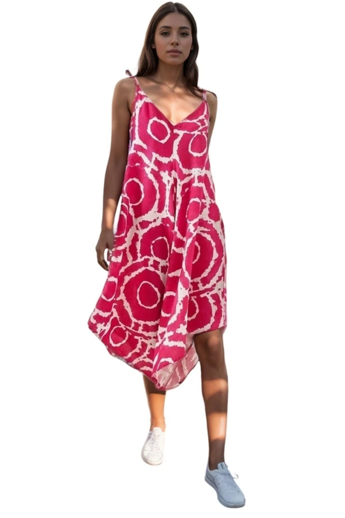 Eliza Women's Linen-Viscose Blend Relaxed Spaghetti Strap Jumpsuit - Pink Round Print