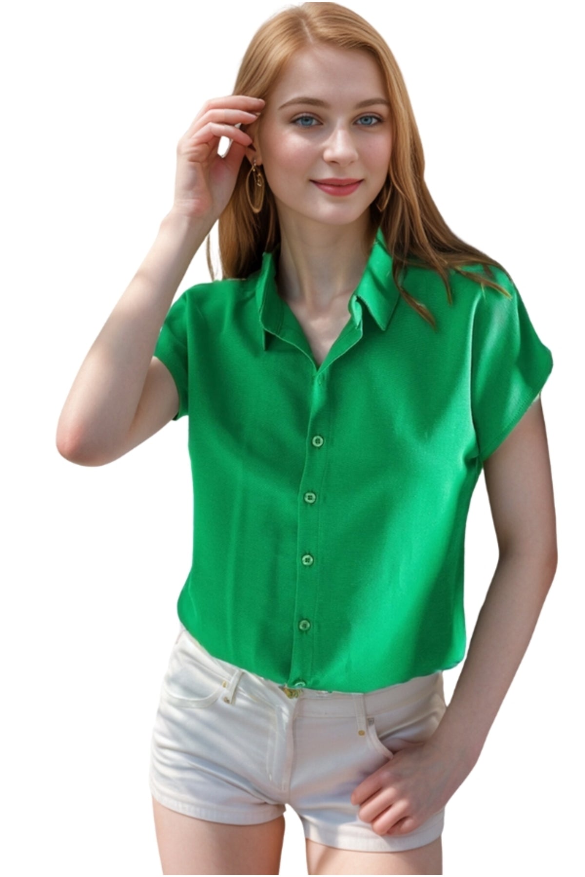 Elizabeth Women's Linen-Viscose Blend Short Sleeve Batwing Shirt - Grass Green