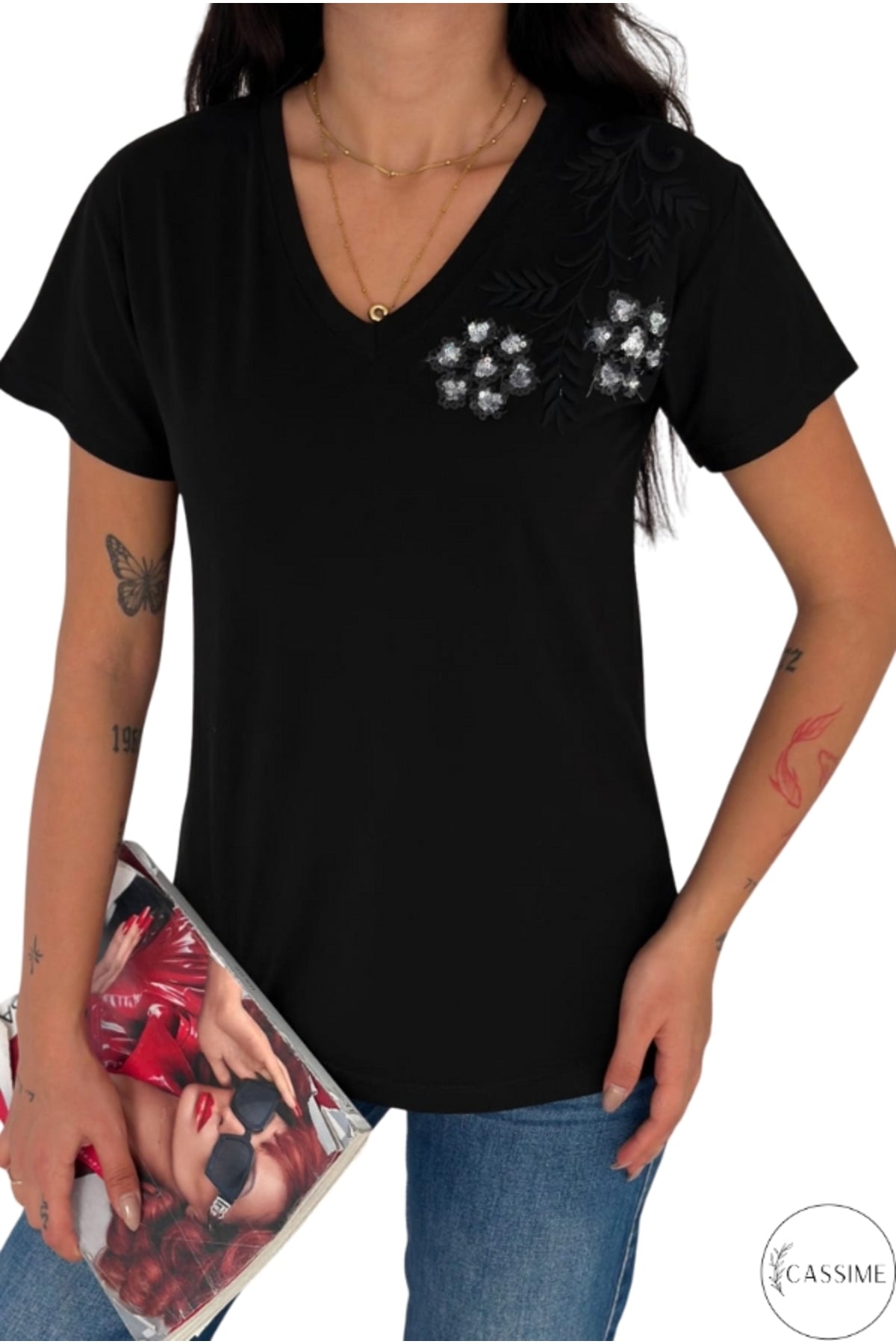 Olivia Women's Cotton Plus Size Embellished V-Neck T-Shirt - Black with Shoulder Sequins