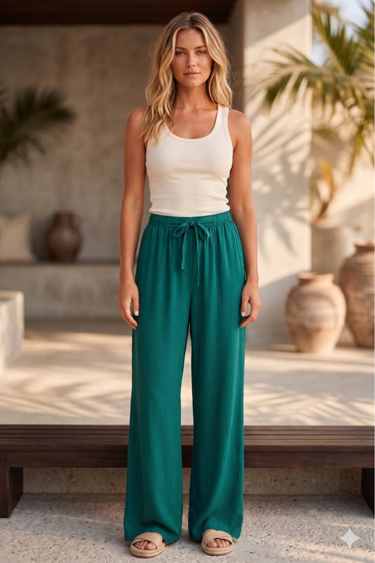 Bethany Women's Viscose High Waist Palazzo Pants - Emerald