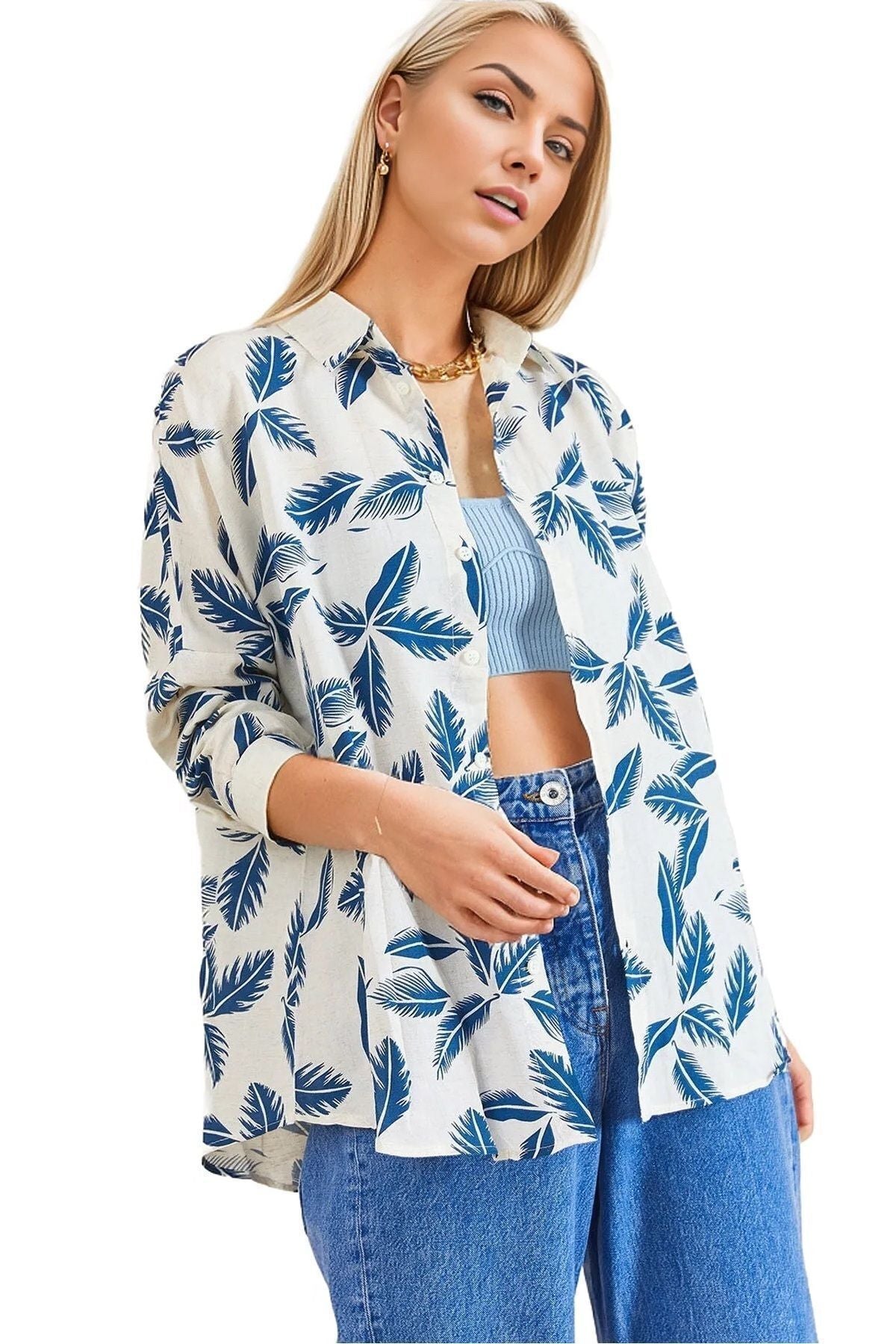 Amelia Women's Viscose Long Sleeve Button-Up Shirt - Blue Leaf Print