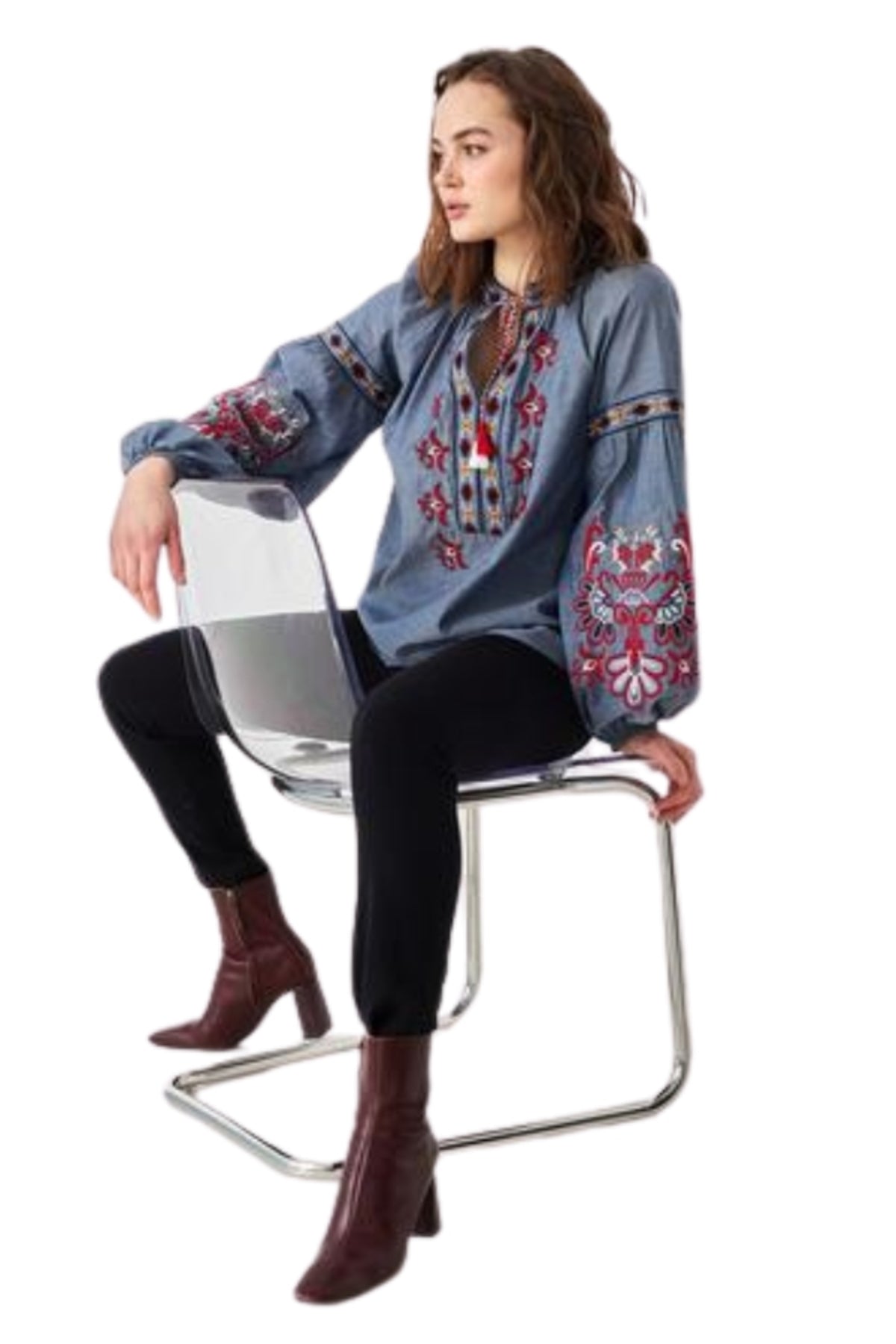 Penelope Women's Cotton Vintage Inspired Embroidered Blouse - Gray
