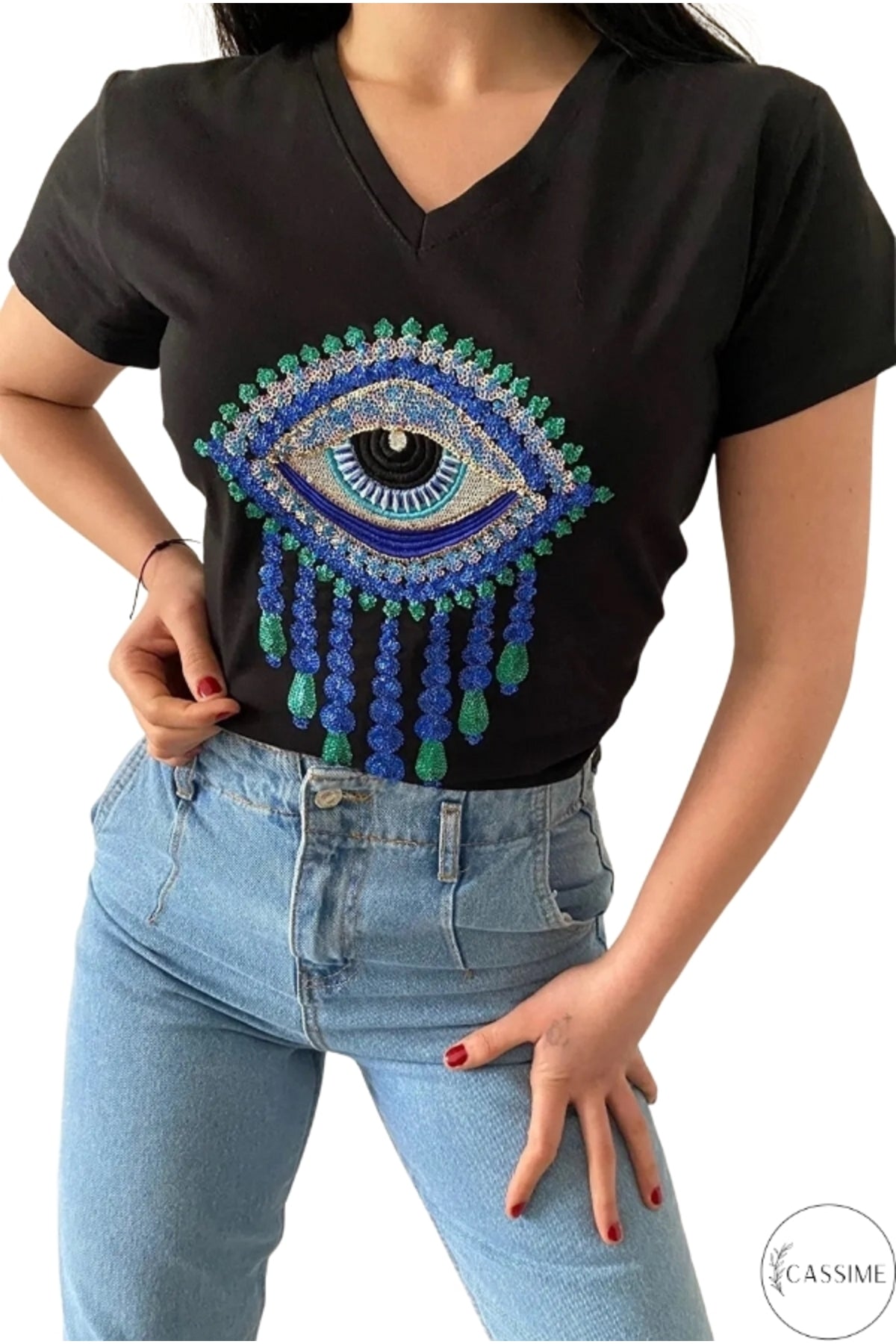 Olivia Women's Cotton Plus Size Embellished V-Neck T-Shirt - Black Evil Eye Pattern
