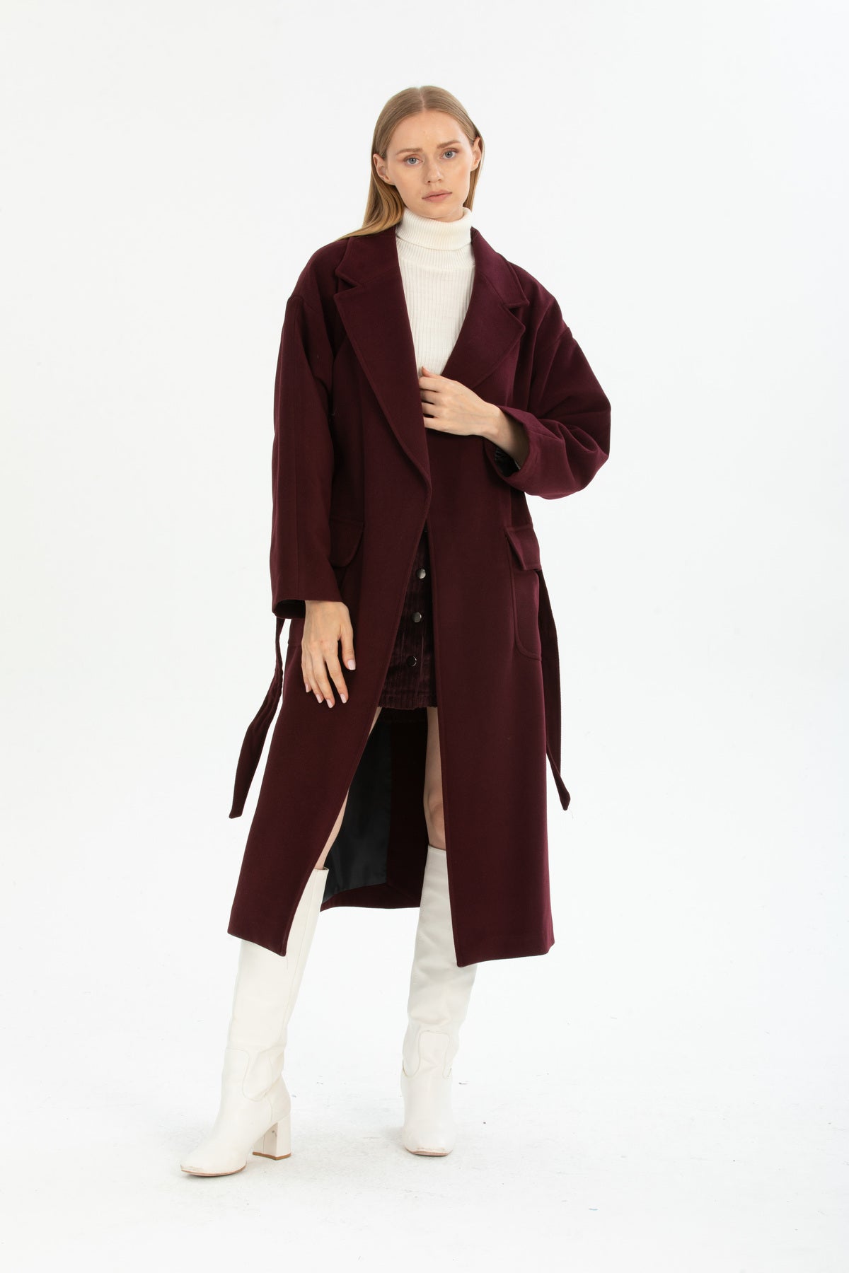 Anabel Women's Belted Notched Collar Coat - Plum - product image 3
