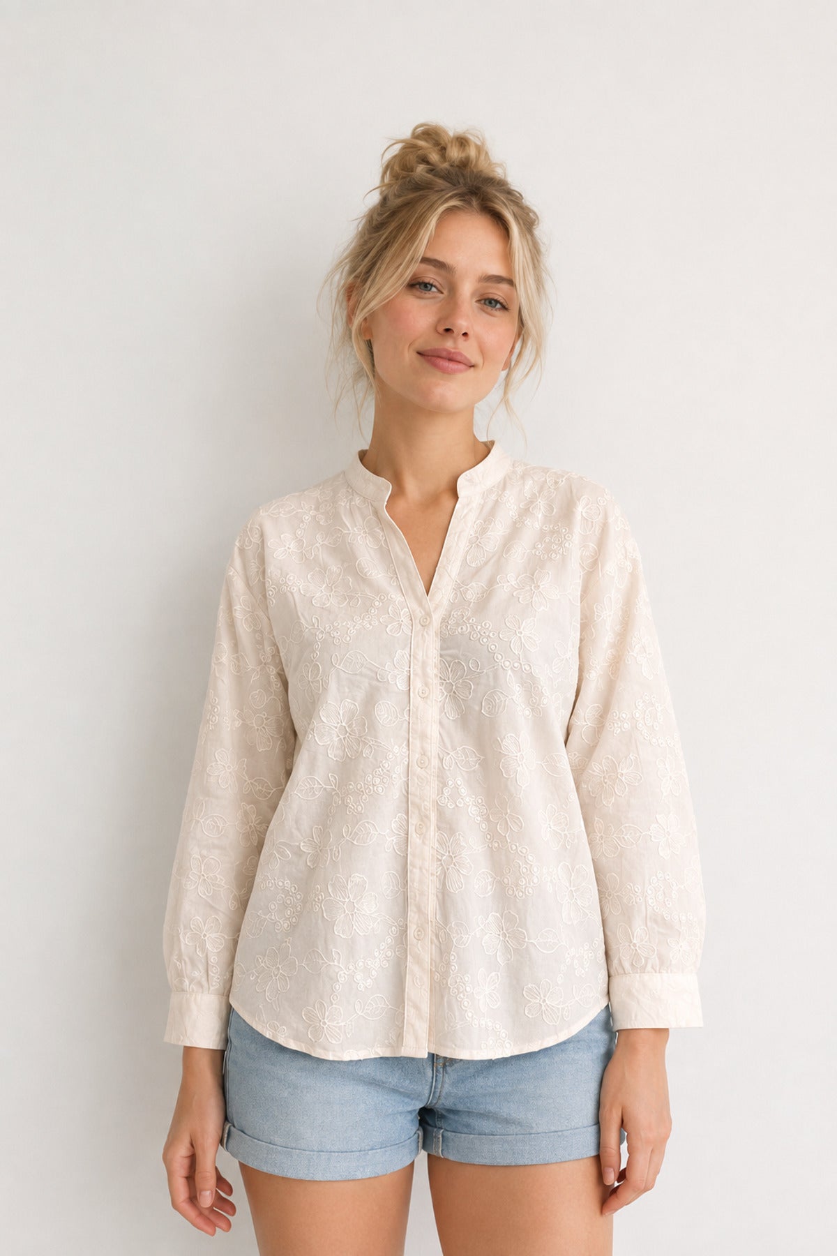 Isla Women's Cotton Embroidered Relaxed Fit Shirt - Light Pink