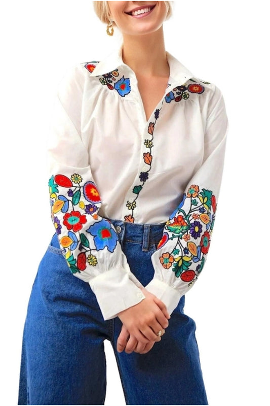 Candace Women's Floral Embroidered Long Sleeve Poplin Blouse - White Flower Collar