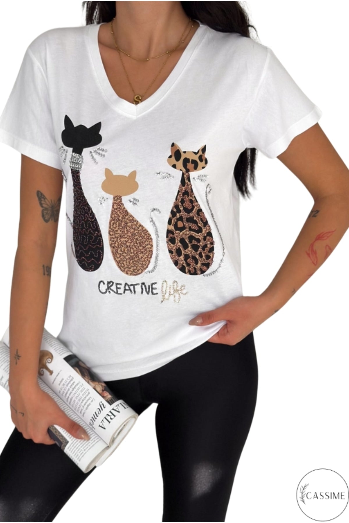 Olivia Women's Cotton Plus Size Embellished V-Neck T-Shirt - Leopard Three Cats with Sequins