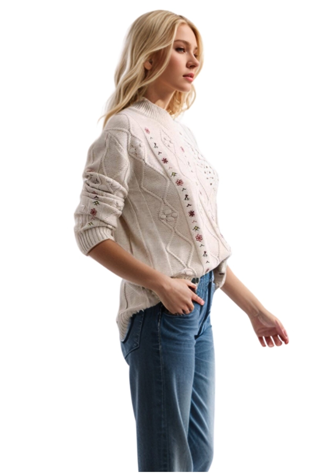 Keira Women's Floral Embroidered Knit Sweater - Cream