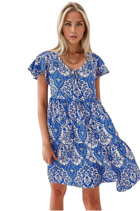 Kathleen Women's Linen-Viscose Blend Belted Summer Shirt Dress - Blue Boho Print