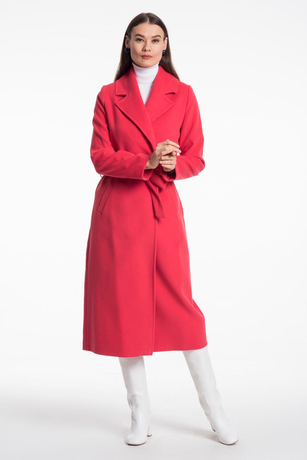 Faye Women's Belted Notched Collar Coat - Matte Coral Red - product image 4